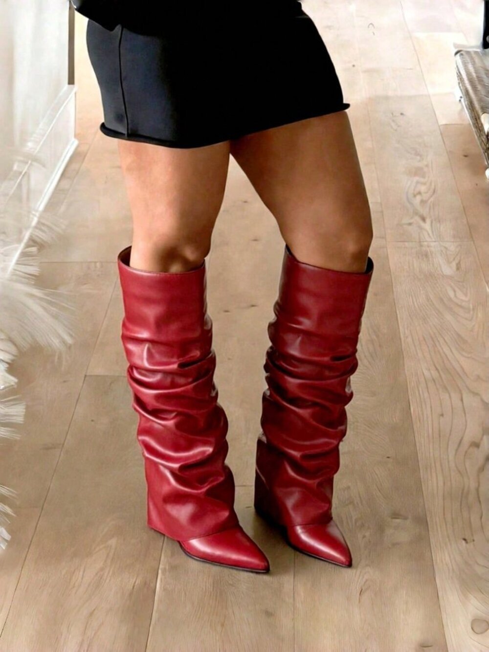 Red Party Women's Pointed Toe Fold Over Slouchy High Heels